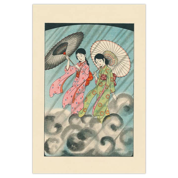 Postcard - vintage Japanese illustration - girls in clouds for wholesale by 50 Watts