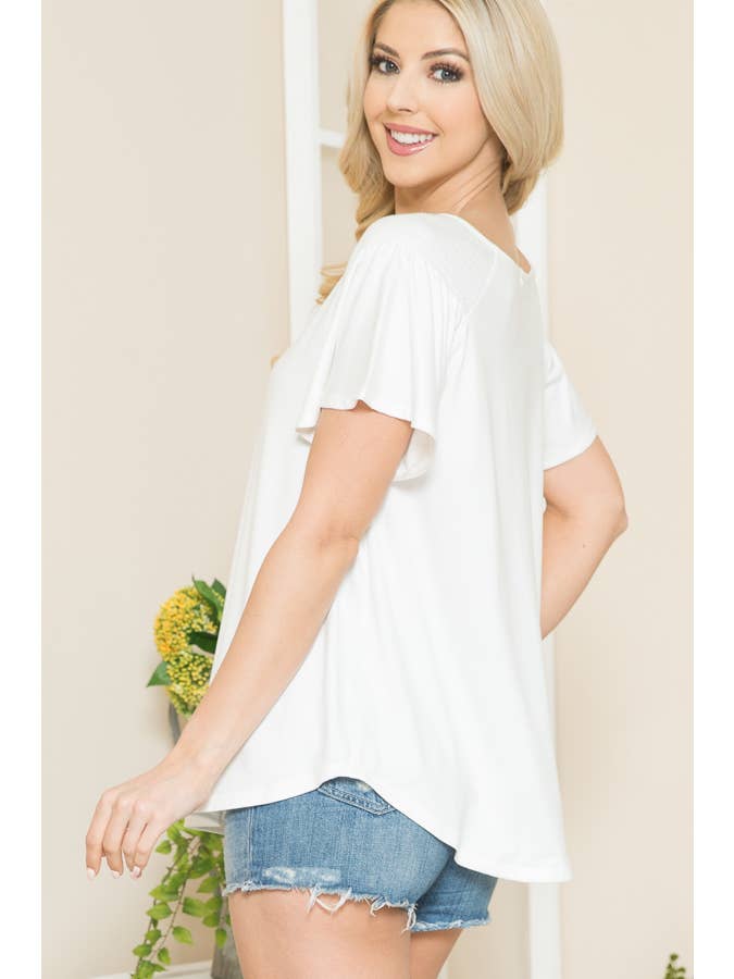 Smocked Shoulder Flutter Sleeve Top-Off White for wholesale on Faire3