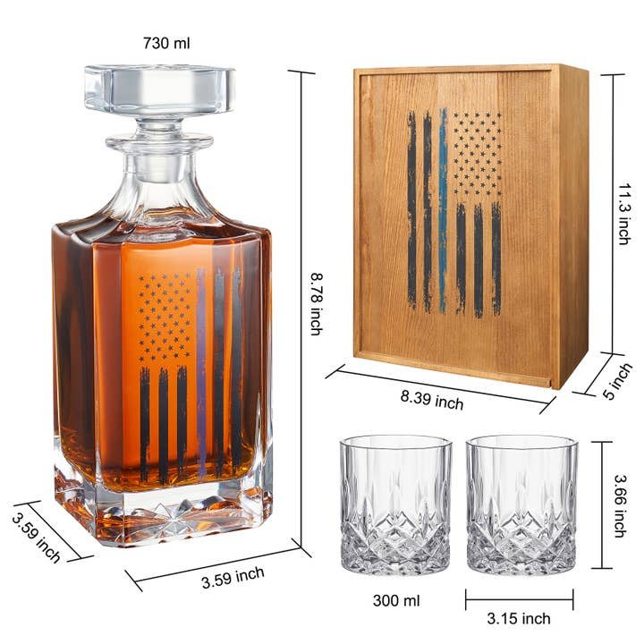 The Wine Savant / Khen Glassware - Wholesale Decanter - Police Tactical Blue Tattered American Flag Whiskey Gift Set2
