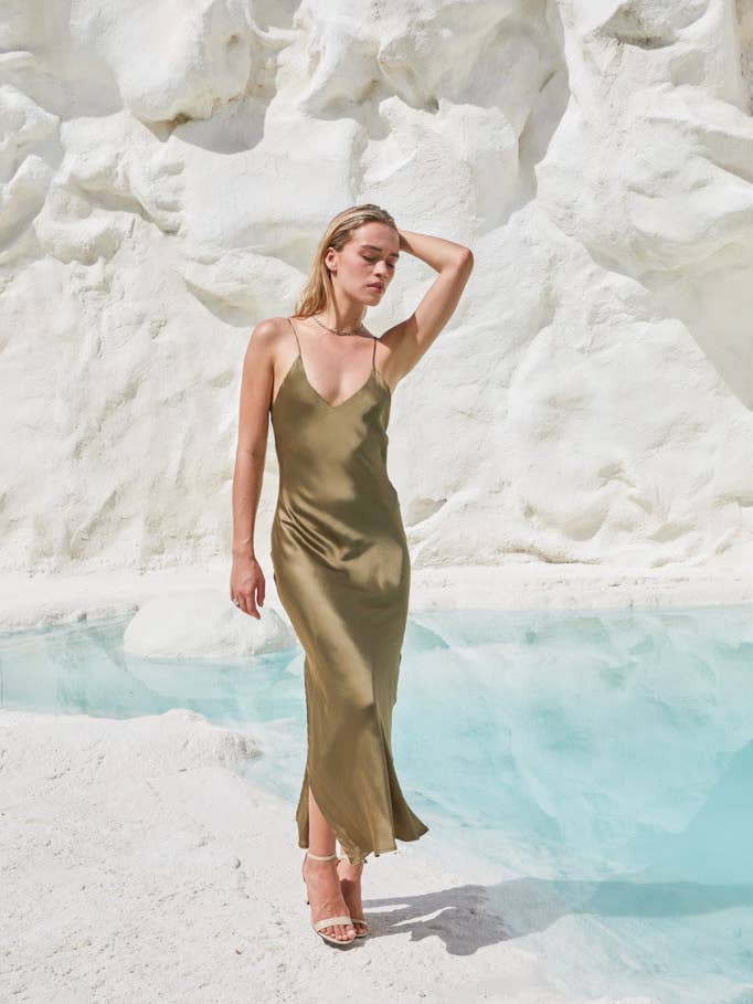 Valentina Long Satin Dress Olive Branch for wholesale by Black Book The Label