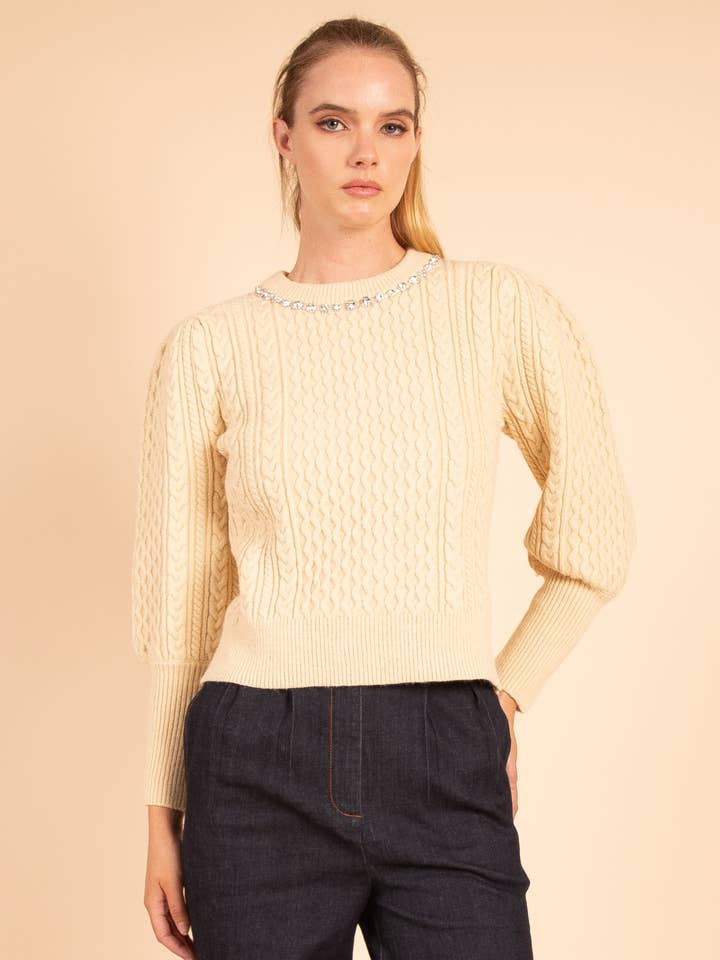 Heyson - Wholesale Knit Sweater - Women's - OSW1011 Pearl Accent Cable Knit Sweater