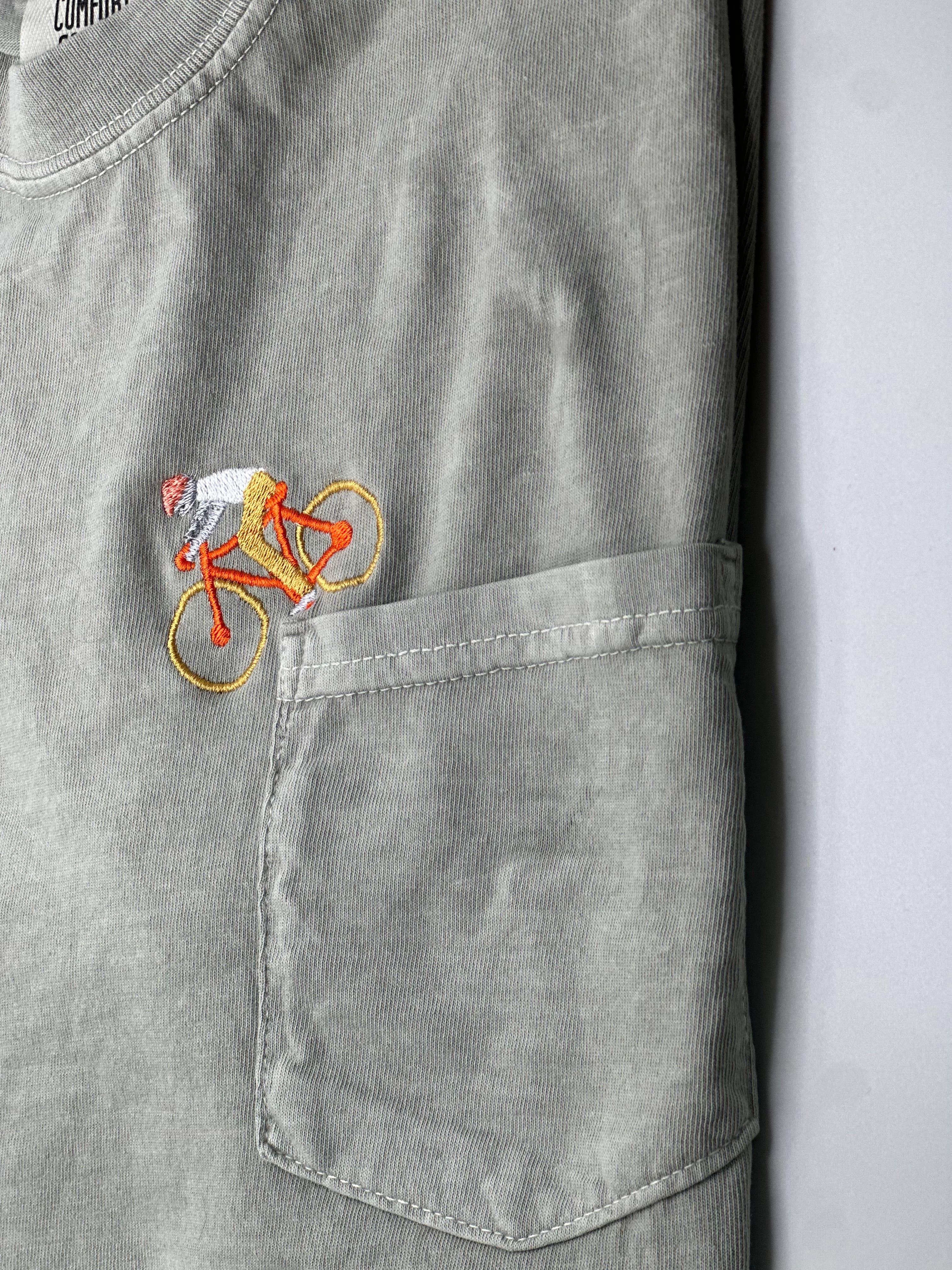 Little Lamb Designs - Wholesale T-Shirt - Unisex - Embroidered tshirt - Mountain Biker going down Pocket3