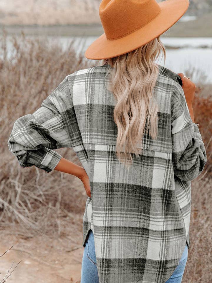 Suhkasana – Großhandel Hemdjacke/Shacket – Damen – Mittelgraue karierte Shacket mit Klappentaschen2