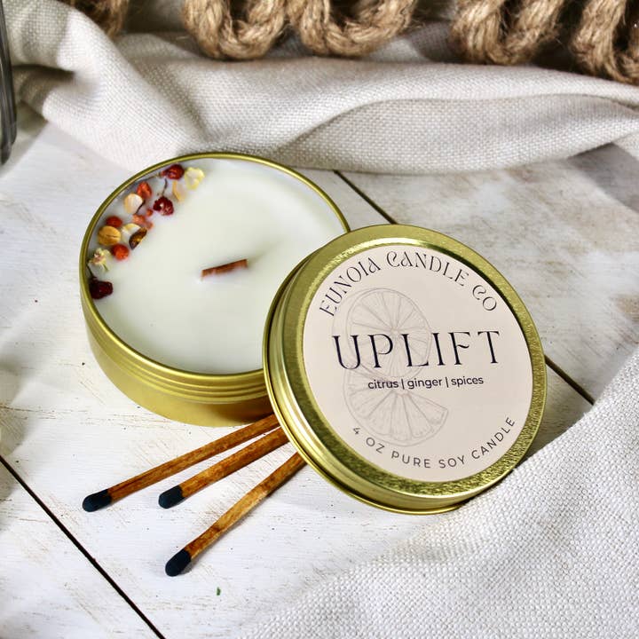 Vela de Soja Uplift | Lata Dorada de 4 oz + Mecha de Madera para venta al por mayor de Eunoia Candle Co.