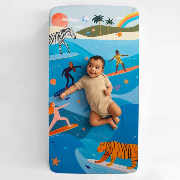 Cotton Sateen Crib Sheet: Surfing Safari for wholesale by Rookie Humans