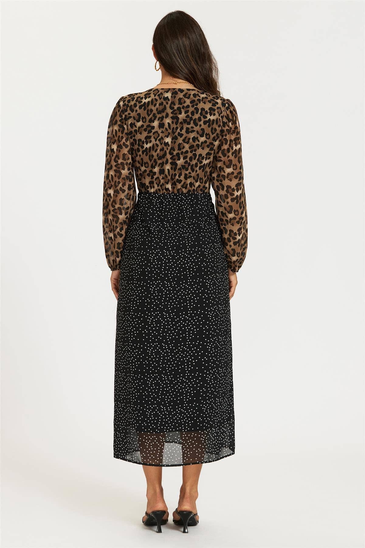 Black Dot & Brown Leopard Print Long Sleeve Maxi Dress for wholesale on Faire5