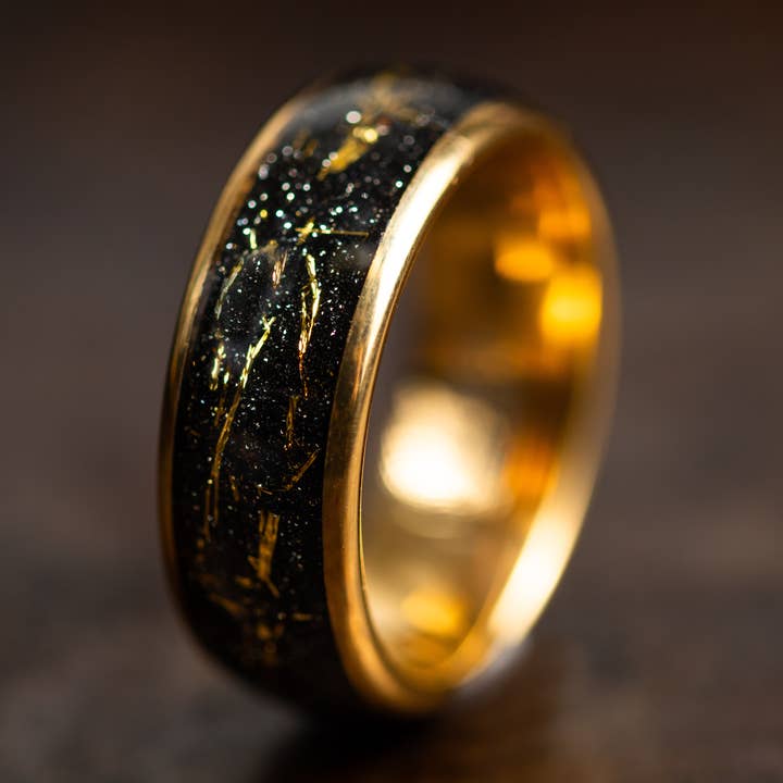 Anel de tungsténio em ouro com incrustações de meteorito, aliança de casamento em ouro por atacado de AxBands