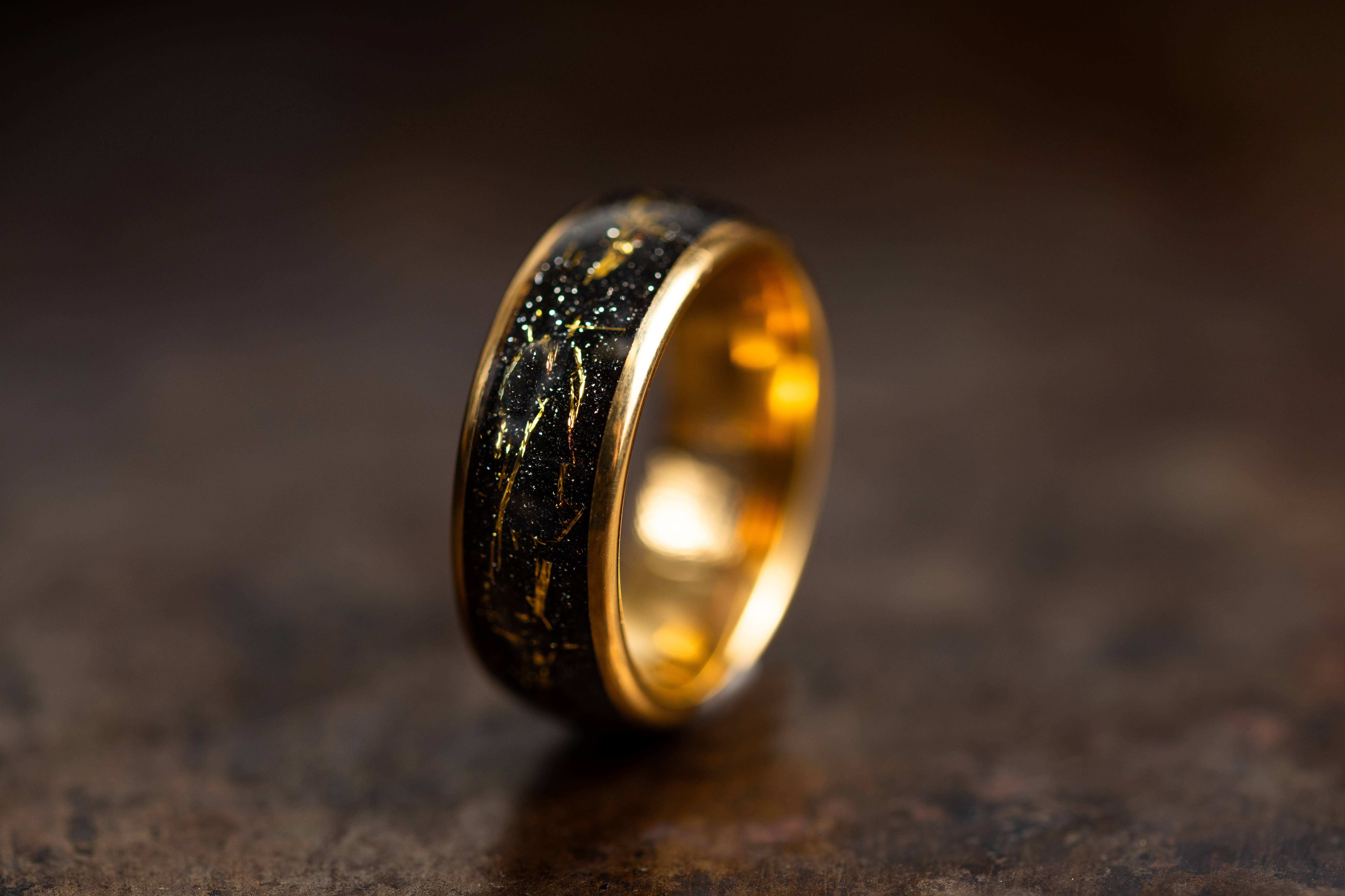 AxBands - Wholesale Wedding Band/Ring - Gold Tungsten Ring with Meteorite Inlay, Gold Wedding Band