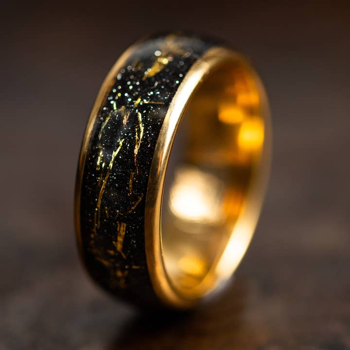 AxBands - Wholesale Wedding Band/Ring - Gold Tungsten Ring with Meteorite Inlay, Gold Wedding Band0
