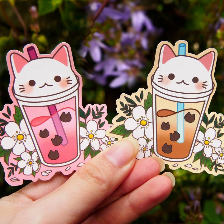 Meg-chan Doodles - Vente Autocollant - Autocollant pour thé à bulles | Joli autocollant en forme de chat | Thé au lait