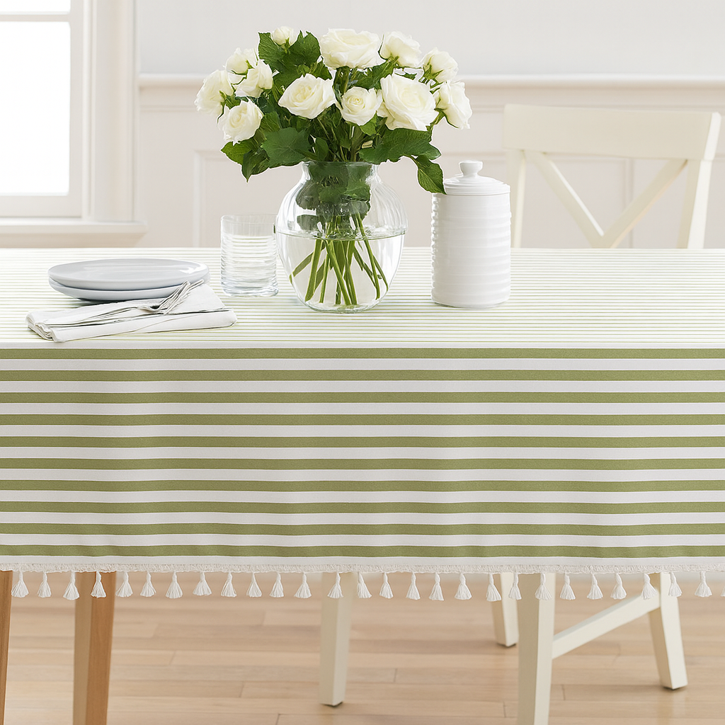 Fennco Styles - Wholesale Tablecloth - Green Rustic Simply Striped Tasseled Cotton Blend Tablecloth4