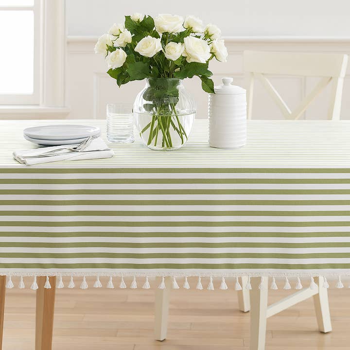 Fennco Styles - Wholesale Tablecloth - Green Rustic Simply Striped Tasseled Cotton Blend Tablecloth4