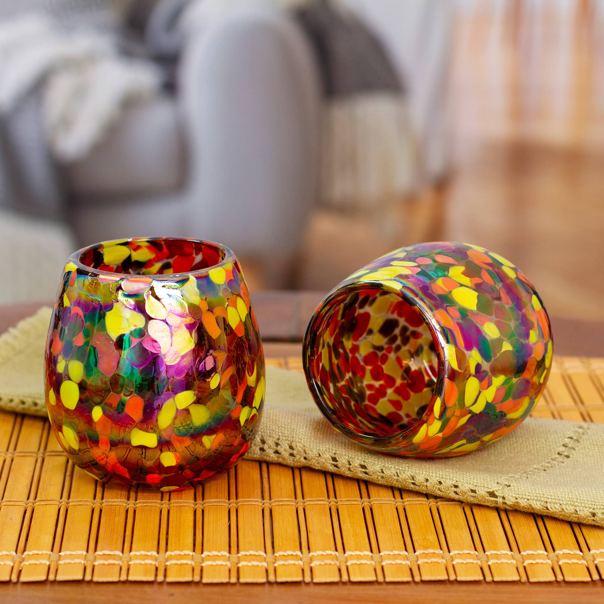 NOVICA - Wholesale Wine Glass - Novica Handmade Bright Confetti Stemless Wine Glasses (Pair)1