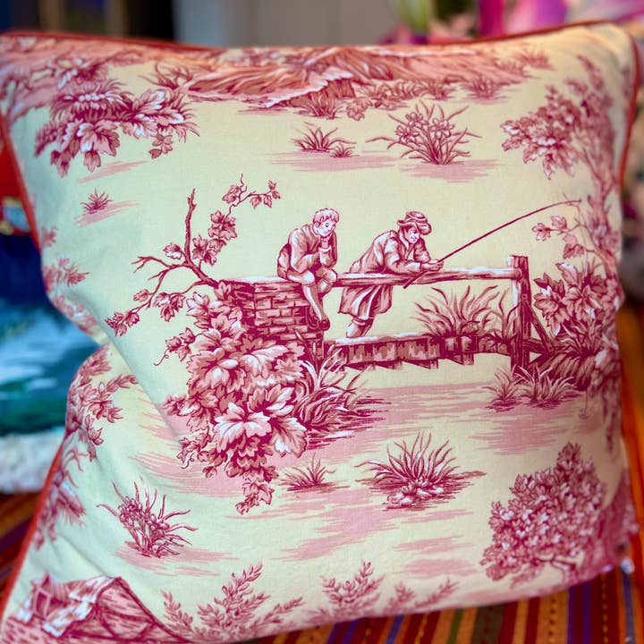 Pink & Yellow Toile Decorative Pillow for wholesale by The Bazaar Rabbit