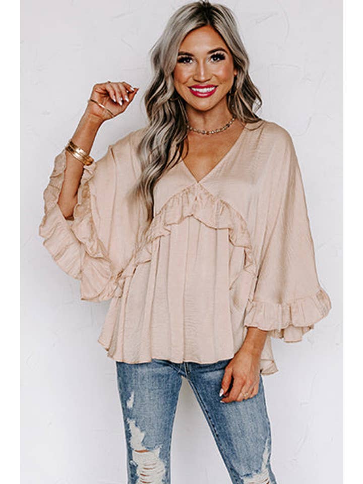 Apricot V Neck Draped Batwing Sleeve Ruffle Top for wholesale on Faire3