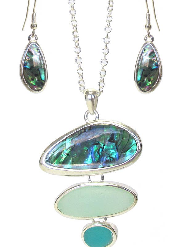 ( H142 ) SEA GLASS ABALONE PENDANT NECKLACE SET for wholesale by Jewelry Max