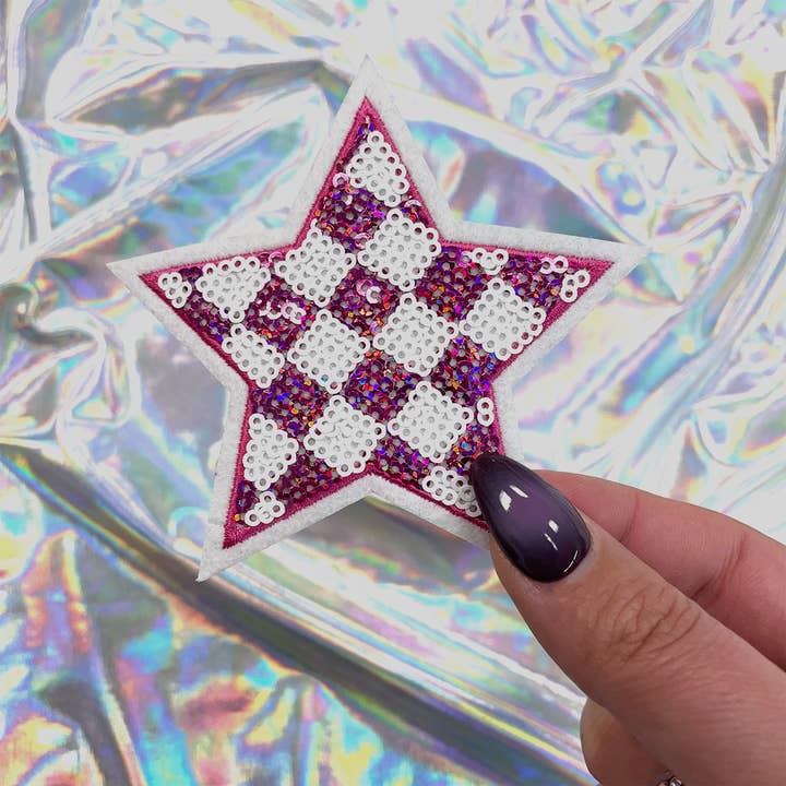 Pink Checkered Sequin Star Patch Iron-On for Hats for wholesale by The Crafty Engineer