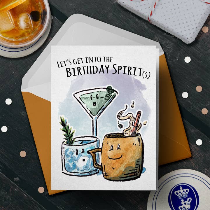 „Get into the Birthday Spirits” - Grappige cocktailfeestkaart voor wholesale door Aaron Millard Illustration