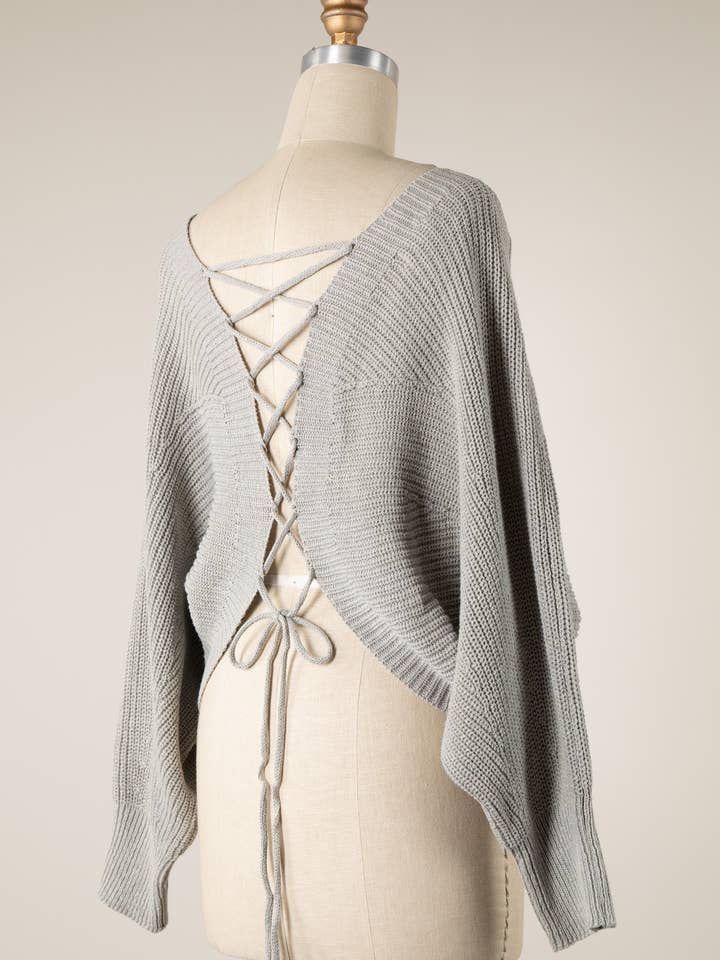 MIRACLE - Wholesale Knit Sweater - Women's - Dolman Sleeve Back Lace Up Cable Knit Sweater