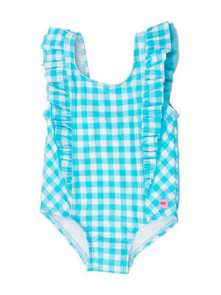 Fato de Banho de Uma Peça com Padrão Gingham em Azul Água para Meninas por atacado de RuffleButts + RuggedButts