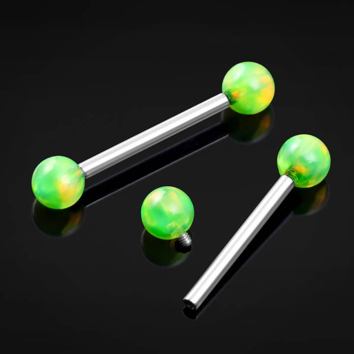 Barra per lingua filettata internamente in titanio con opale verde vetro 1,6 mm per la vendita all'ingrosso da parte di Custom Plugs