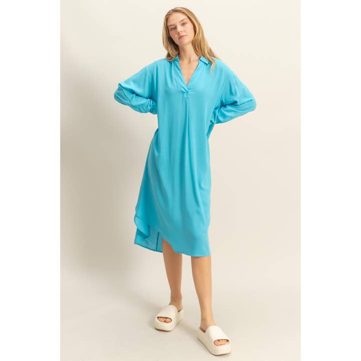 HYFVE – Großhandel Kleid – Damen – DZ24E706-V-Ausschnitt Langarm Midi-Hemdkleid
