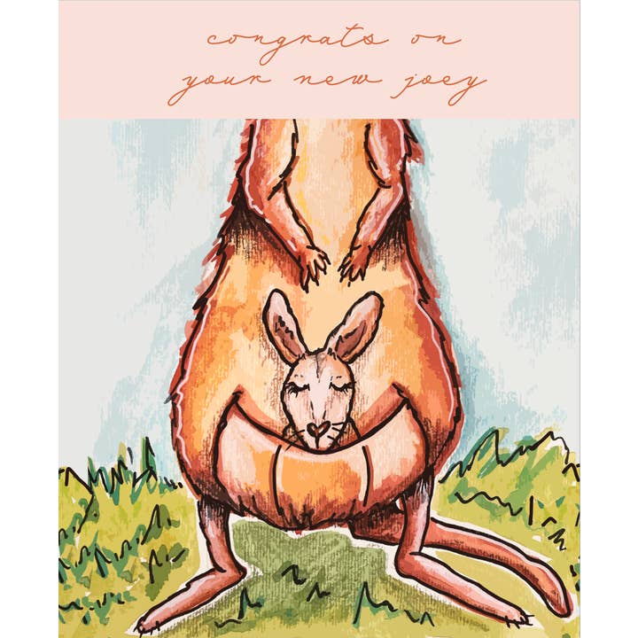 Nyt Joey Card - baby, tillykke, kænguru, akvarel for engroshandel hos Kerry Quinn's Kitsch