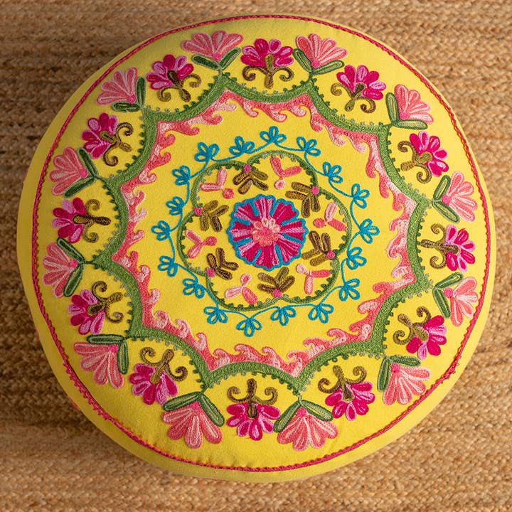 Ian Snow Ltd - Wholesale Pouf - Floral on Yellow Embroidered Pouffe1