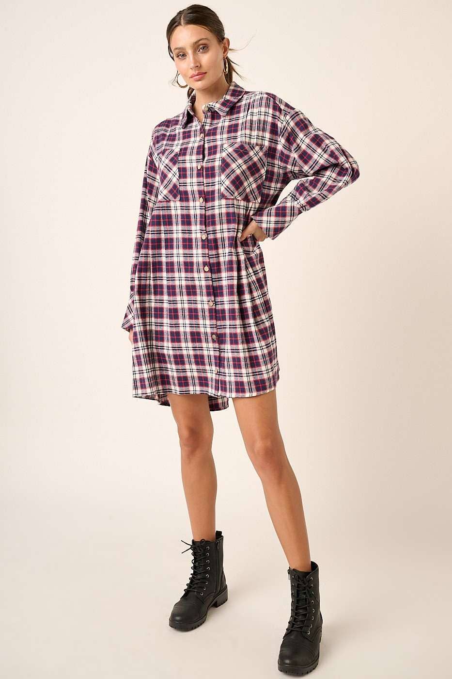 mittoshop - Wholesale Dress - Women's - PLAID BUTTON DOWN OVERSIZE MINI SHIRT DRESS4