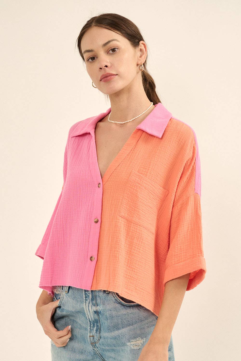 Promesa USA - Vendita all'ingrosso Camicia button down - Donna - Camicia con orlo grezzo in cotone increspato a blocchi di colore4