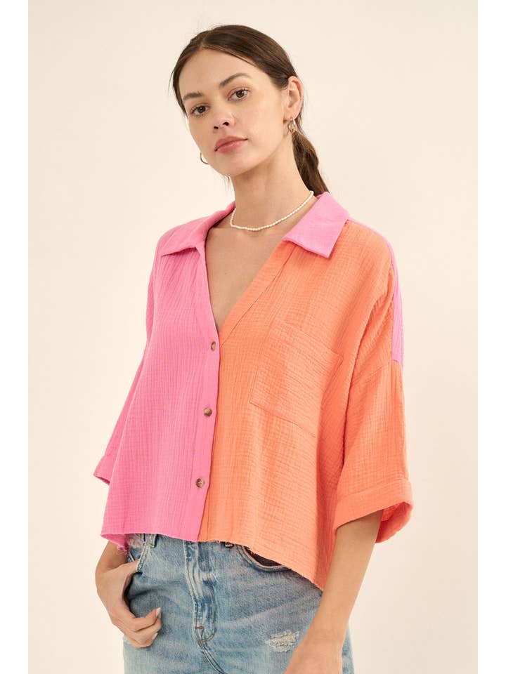 Promesa USA - Vente Chemise à col boutonné – femme - Chemise à ourlet brut en coton froissé à blocs de couleurs4