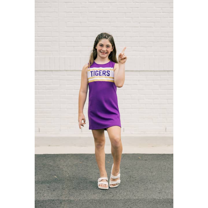 Scarlet & Gold - Wholesale Athletic Dress - Kids - The LSU | Purple Striped Cheer Dress2