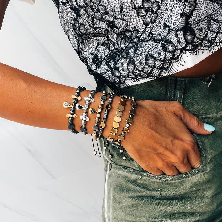 Goupi - Wholesale Jewelry Set - Semiprecious hematite beaded stackable bracelets