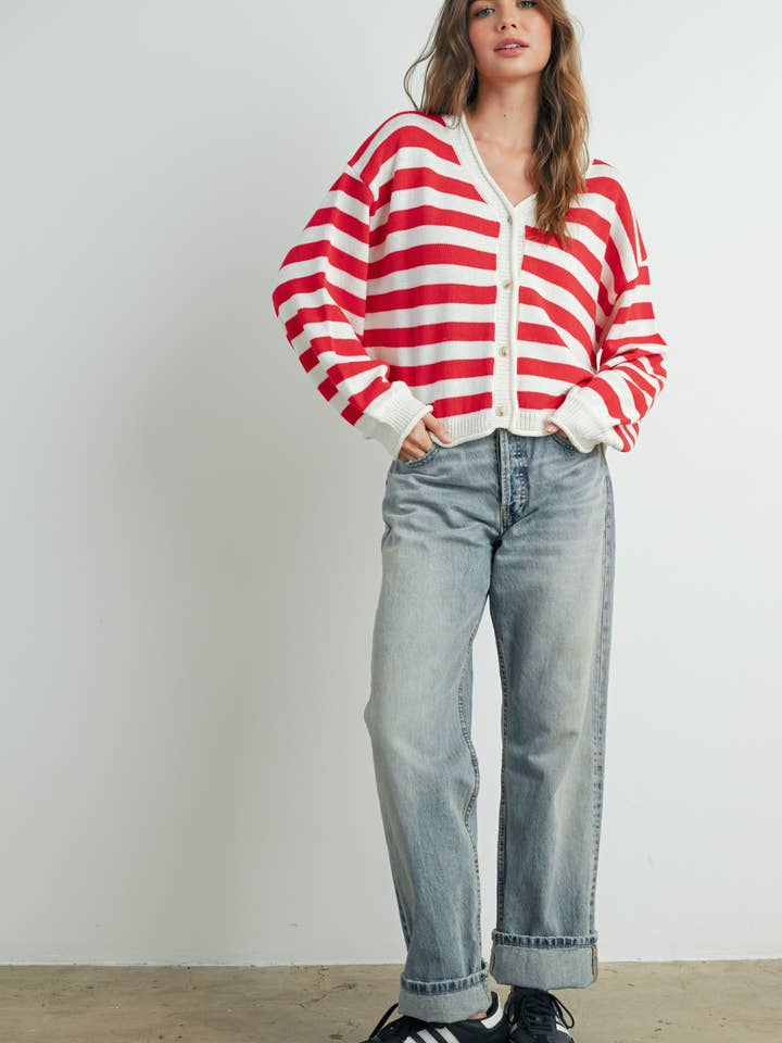 Button Front Stripped Sweater - BMC7683 for wholesale by BUTTERMELON