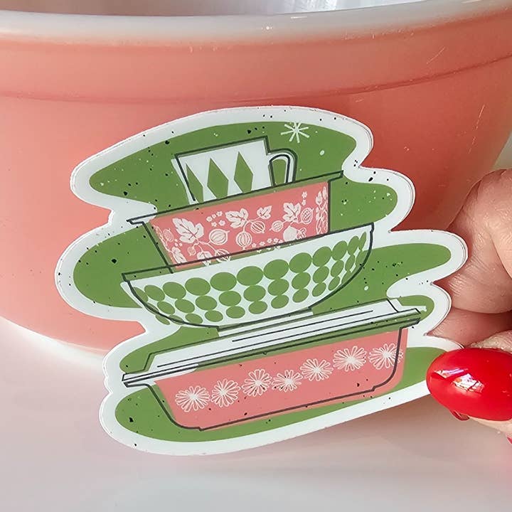 JoRetro - Wholesale Sticker - Pyrex Sticker - Pink Daisy Bowl Stack 1