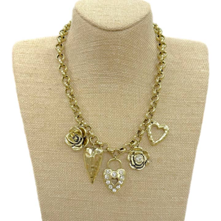 Antique Gold Multi Heart/Flower Charms on Chain Necklace for wholesale by Accessories To Go
