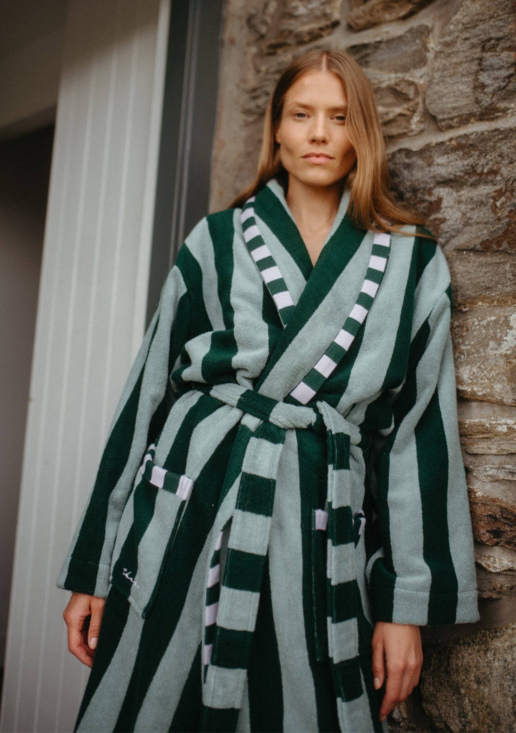 TBCo - Wholesale Robe - Women's - Terry Cotton Bath Robe in Green Stripe1
