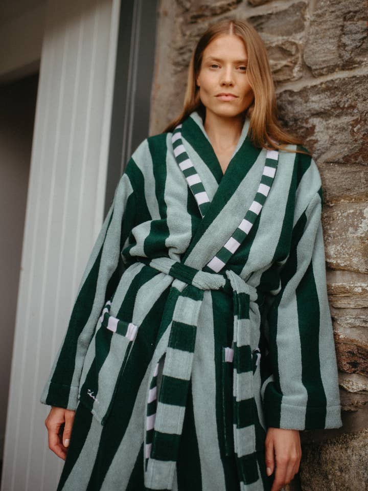 TBCo - Wholesale Robe - Women's - Terry Cotton Bath Robe in Green Stripe1