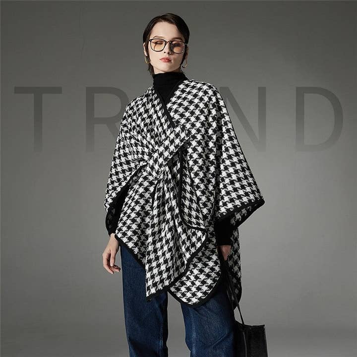 VIT/SVART Trendig spänne guldtråd Houndstooth sjal för wholesale på Faire