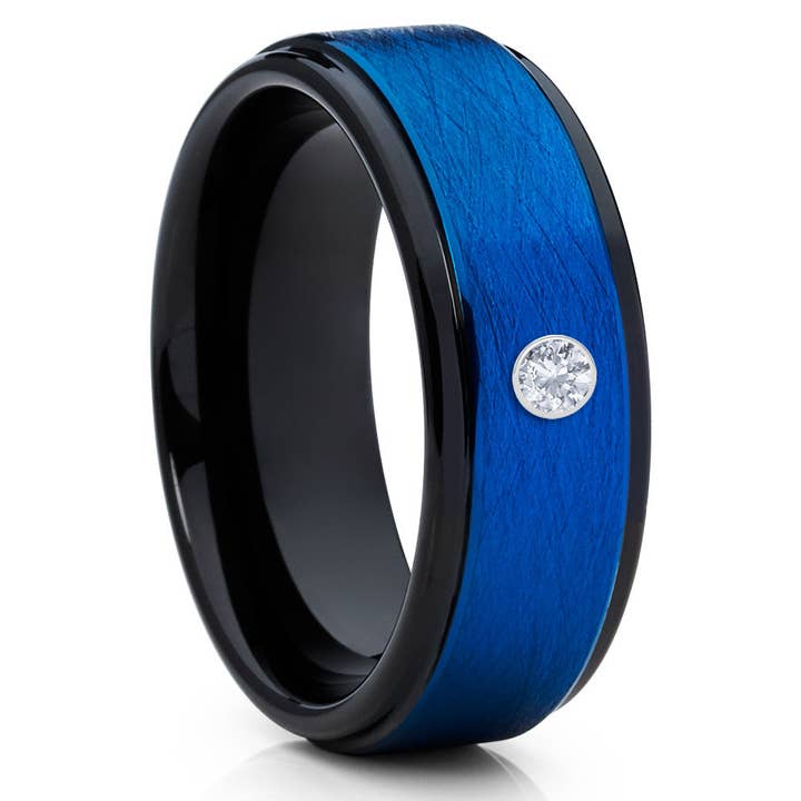 Black Wedding Band - Diamond Wedding Ring - Blue Tungsten Ring - Men's Ring for wholesale by Lucky Love Rings