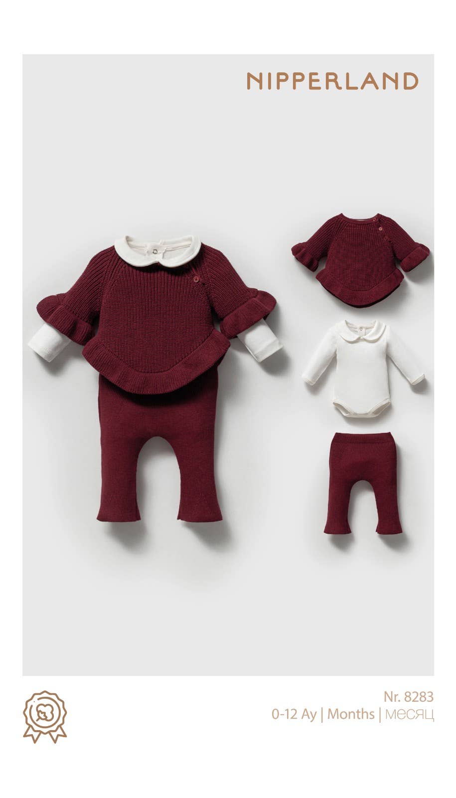 Nipperland - Wholesale Clothing Set - Baby - 3-Pc Knit Baby Girl Set (Sweater + Bodysuit + Pant) Burgundy3