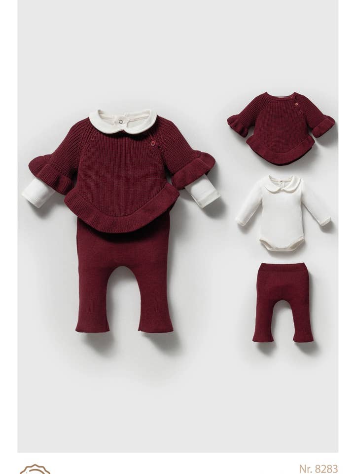 Nipperland - Wholesale Clothing Set - Baby - 3-Pc Knit Baby Girl Set (Sweater + Bodysuit + Pant) Burgundy3