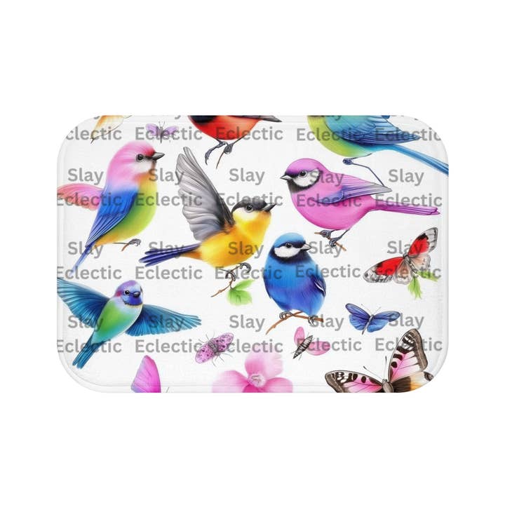 Nature's Charm Bath Mat - Colorful Birds and Butterflies for a Lively Bathroom Escape for wholesale by Slay Eclectic