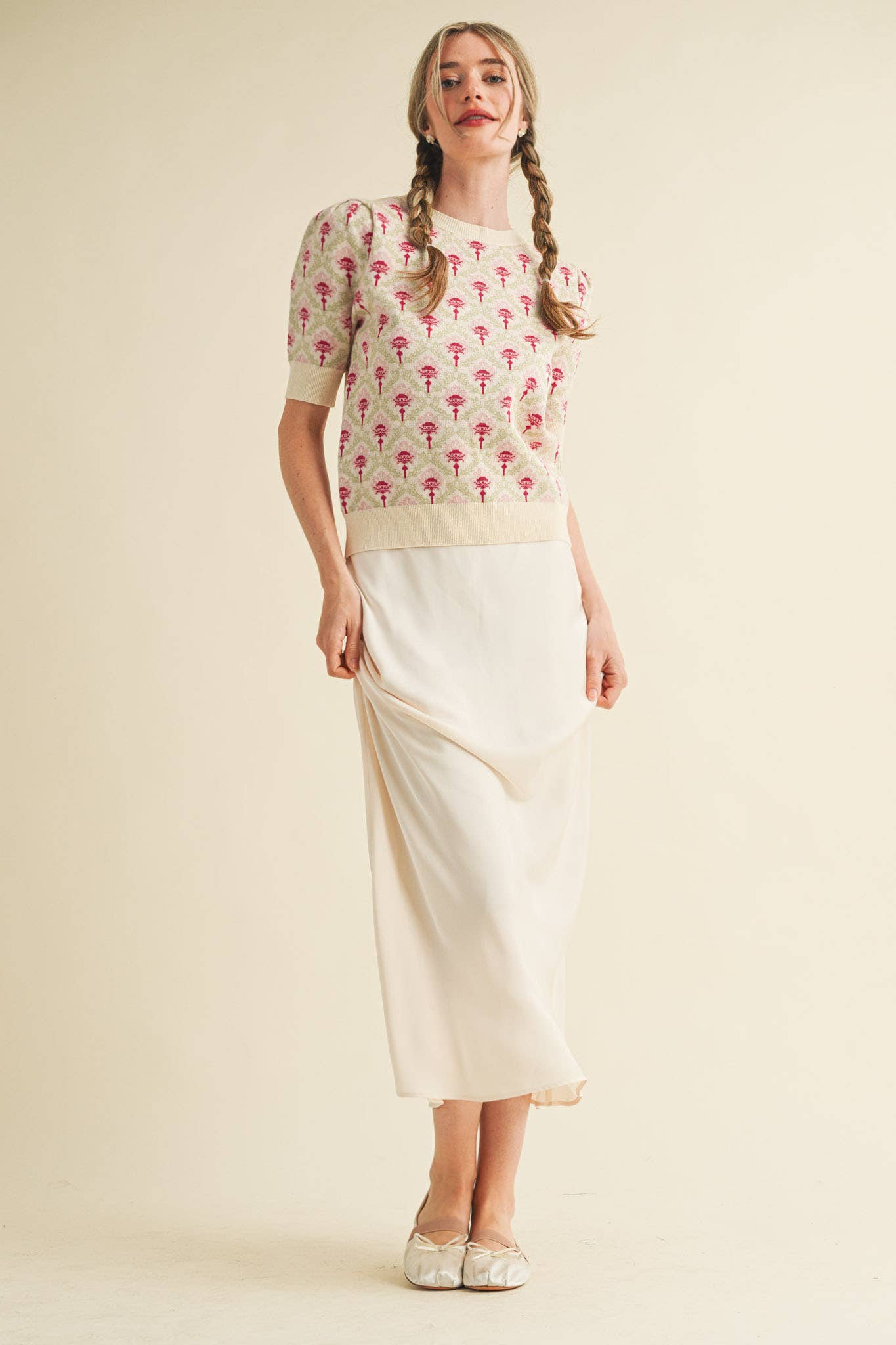 &MERCI - Wholesale Knit Sweater - Women's - FLORAL PATTERN SHORT SLEEVE SWEATER MSW1086022