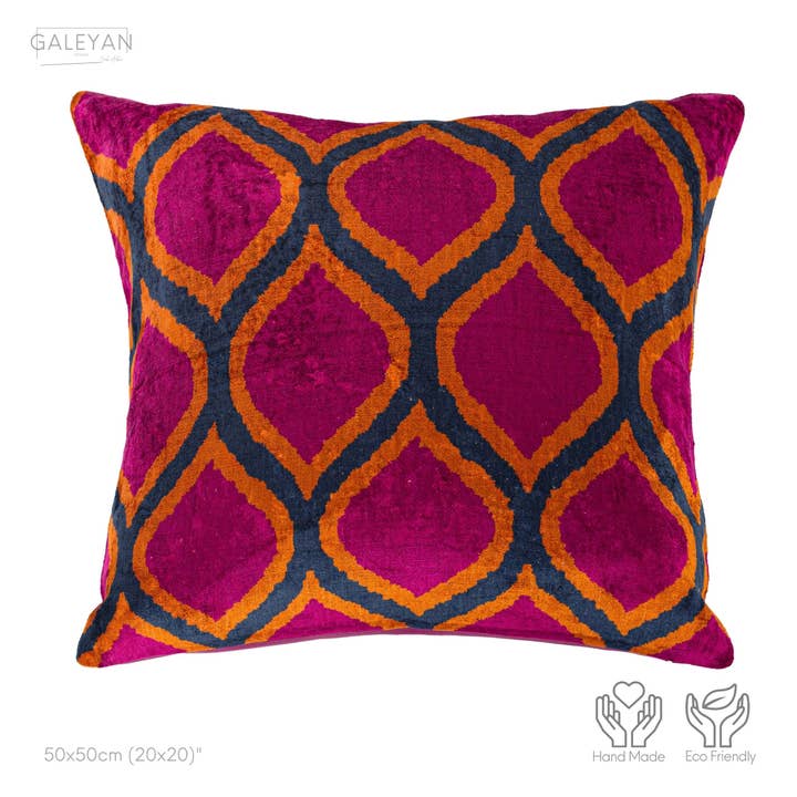 Silk Velvet Ikat Cushion – Burgundy / Orange / Fuchsia for wholesale by Galeyan Design