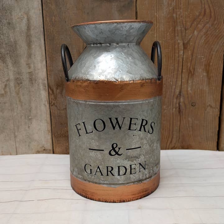 Metal Milk Can "Flowers & Garden" for wholesale by A.T. Imports