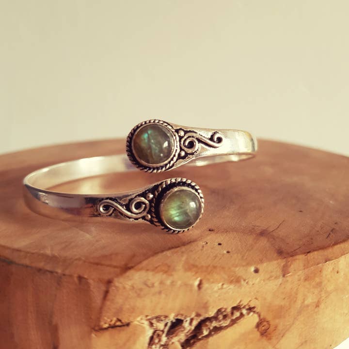Labradorite Bracelet / Bangle / Silver / Ethnic / Rustic / Bohemian / Hippie / Gypsy / Psy / Chic / Jewellery / Body / Adjustable for wholesale by Kaali Boutique