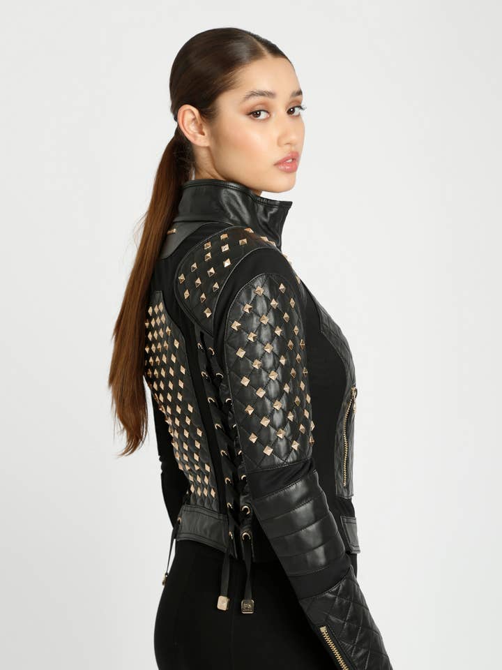 Pyramid Stud Mesh Moto Jacket JLS for wholesale by Blanc Noir