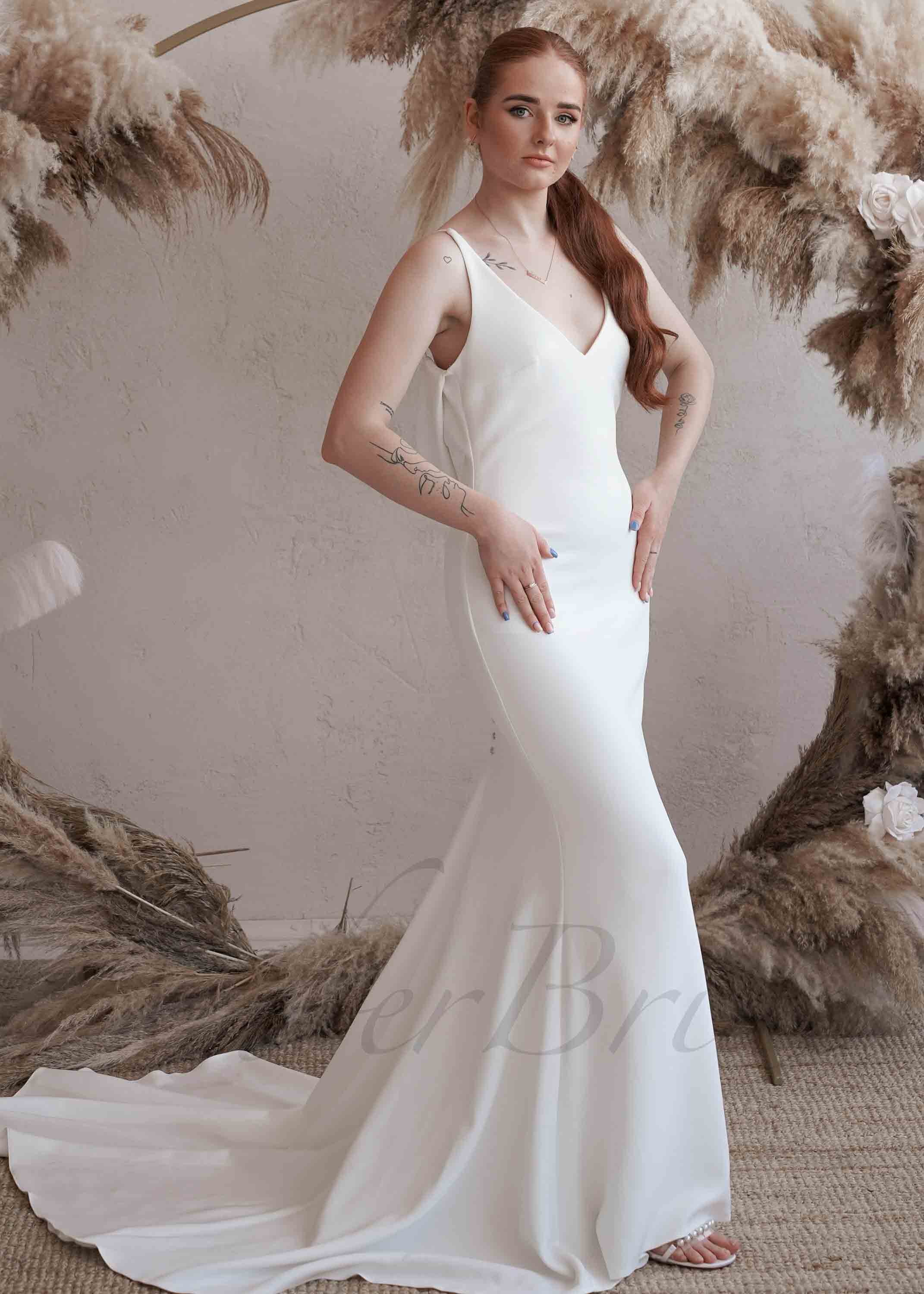 Amber Commerce Group, MB - Wholesale Gown - Women's - Simple Satin Mermaid Wedding Dress with V-Neck, Spaghetti Straps and Low Back1