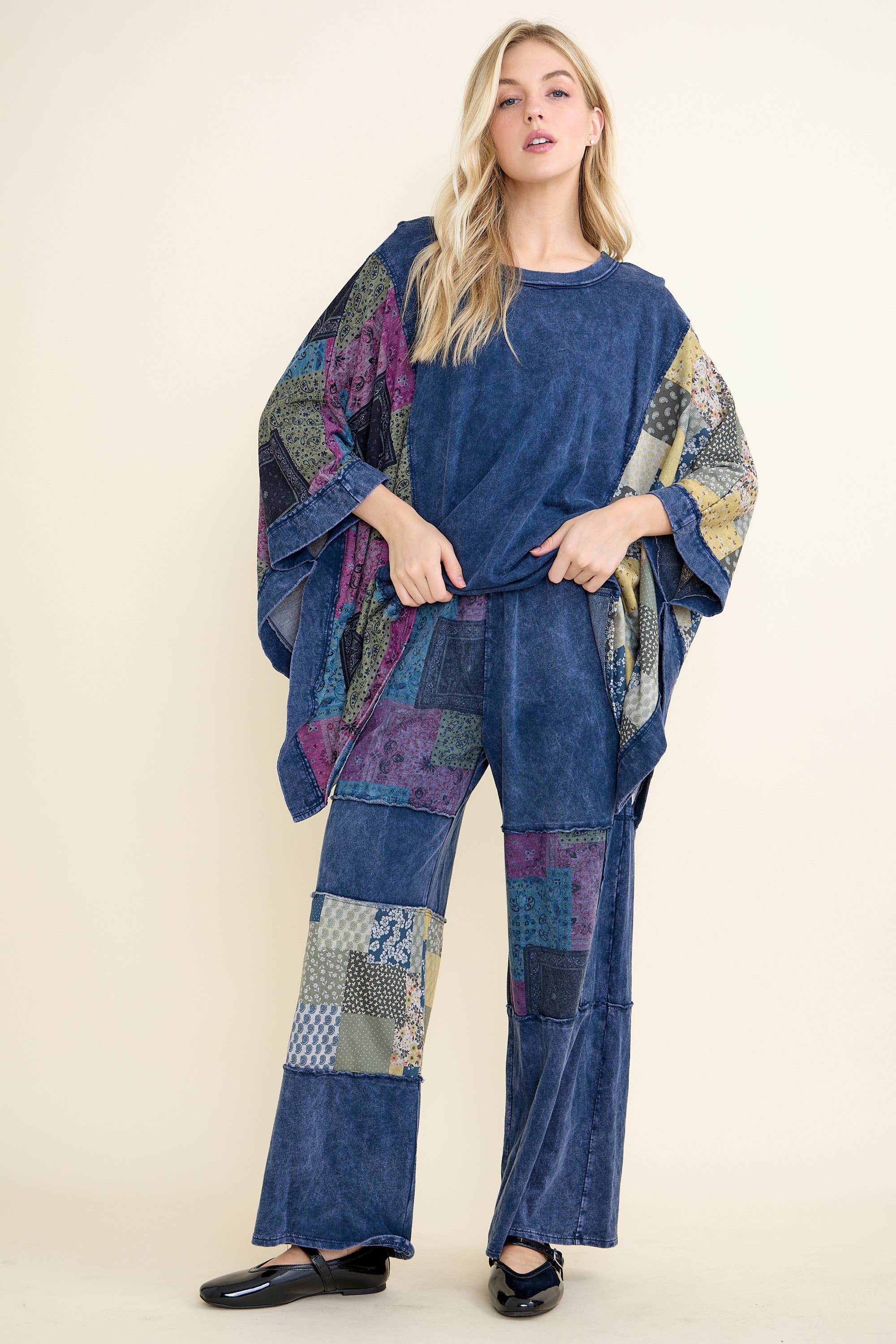 J.Her - Wholesale Poncho - Women's - Mineral Washed Boho Patch Poncho top HT6651 16